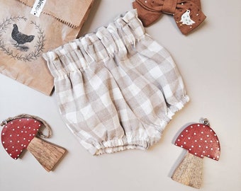 Gingham linen cottagecore baby bloomers, Checkered pure linen toddler bloomers, Rustic charm sustainable summer shorts for kids