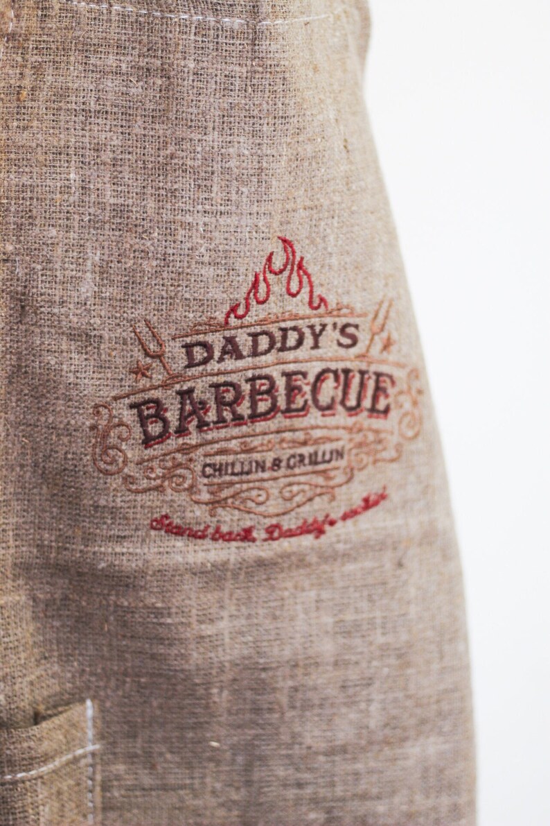 Personalized Gift for Dad, Custom Dad Barbecue Apron, Raw linen grill apron with pocket, First fathers day gift, Daddy's barbecue apron image 1