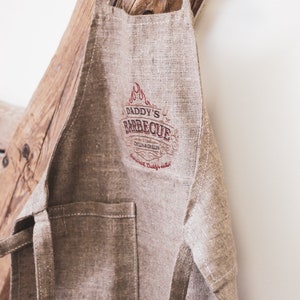 Personalized Gift for Dad, Custom Dad Barbecue Apron, Raw linen grill apron with pocket, First fathers day gift, Daddy's barbecue apron image 2
