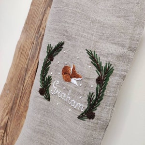 Rustic Linen Christmas Stocking, Personalized Natural Linen Christmas Stocking, Kids Christmas Stocking With Hand Embroidered Fox image 8