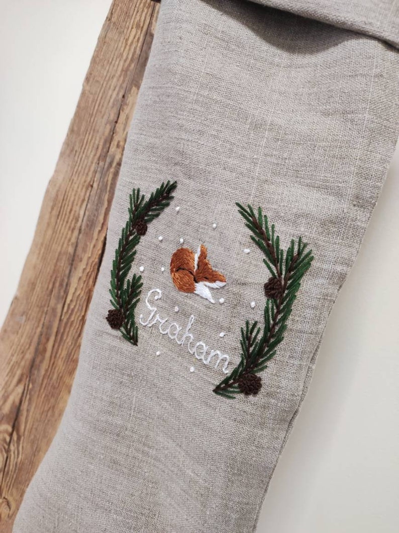 Rustic Linen Christmas Stocking, Personalized Natural Linen Christmas Stocking, Kids Christmas Stocking With Hand Embroidered Fox image 8