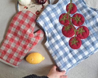 Chaleco de lino acolchado hecho a mano, patchwork de tomates a cuadros azules, conjunto de primavera para niños