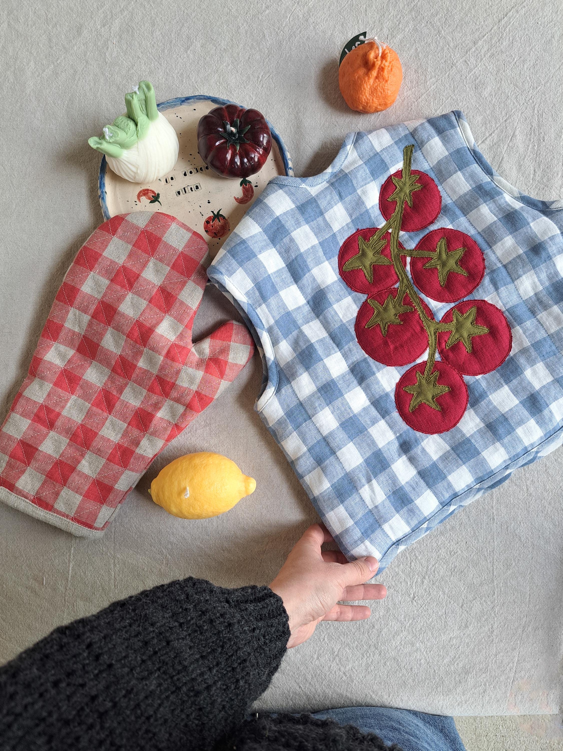 Handmade Quilted Linen Jacket / Vest, Blue Gingham Tomato