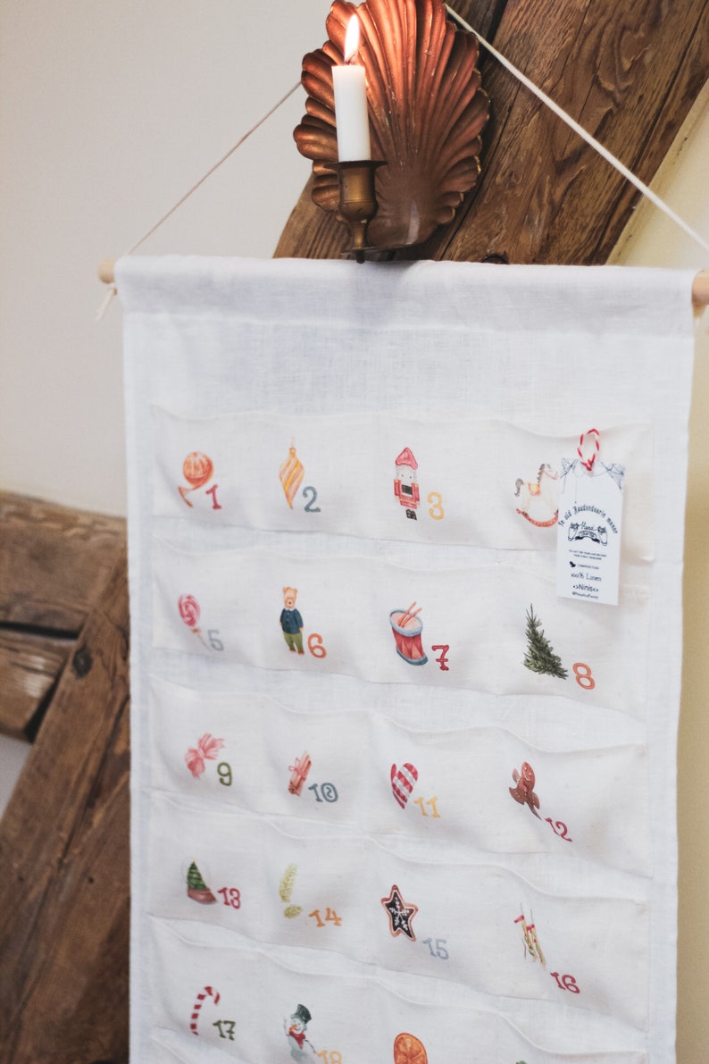 Advent calendar for kids, Handcrafted Advent calendar with pockets, 100% Linen Christmas countdown calendar, Heirloom Christmas decor image 4