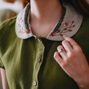Green Linen Women&#39;s Dress, Peter Pan Collar Dress, Sustainable Women&#39;s Dress, Moss Green Linen Dress, Booklook Outfit, Witchy linen dress