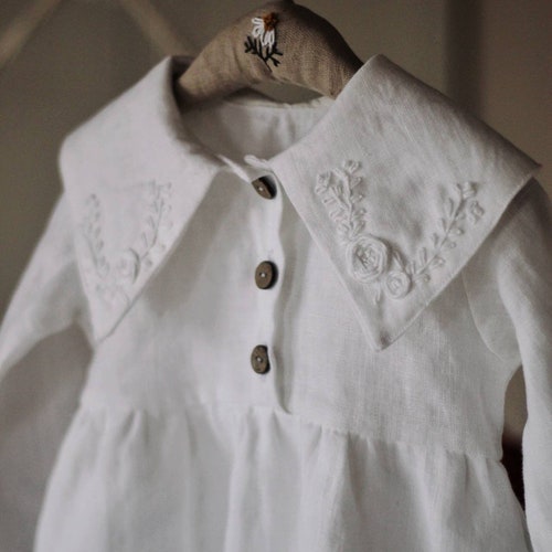 Hand Embroidered White Linen Girl's Dress for Baptism/ Christening Dress  With Embroidered Name on a Collar / Natural and Festive Baby Dress - Etsy