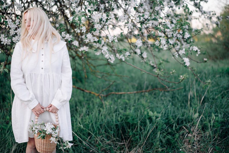 Natural linen summer dress with beautiful large collar / white shirt linen dress / White linen cottagecore dress 画像 5