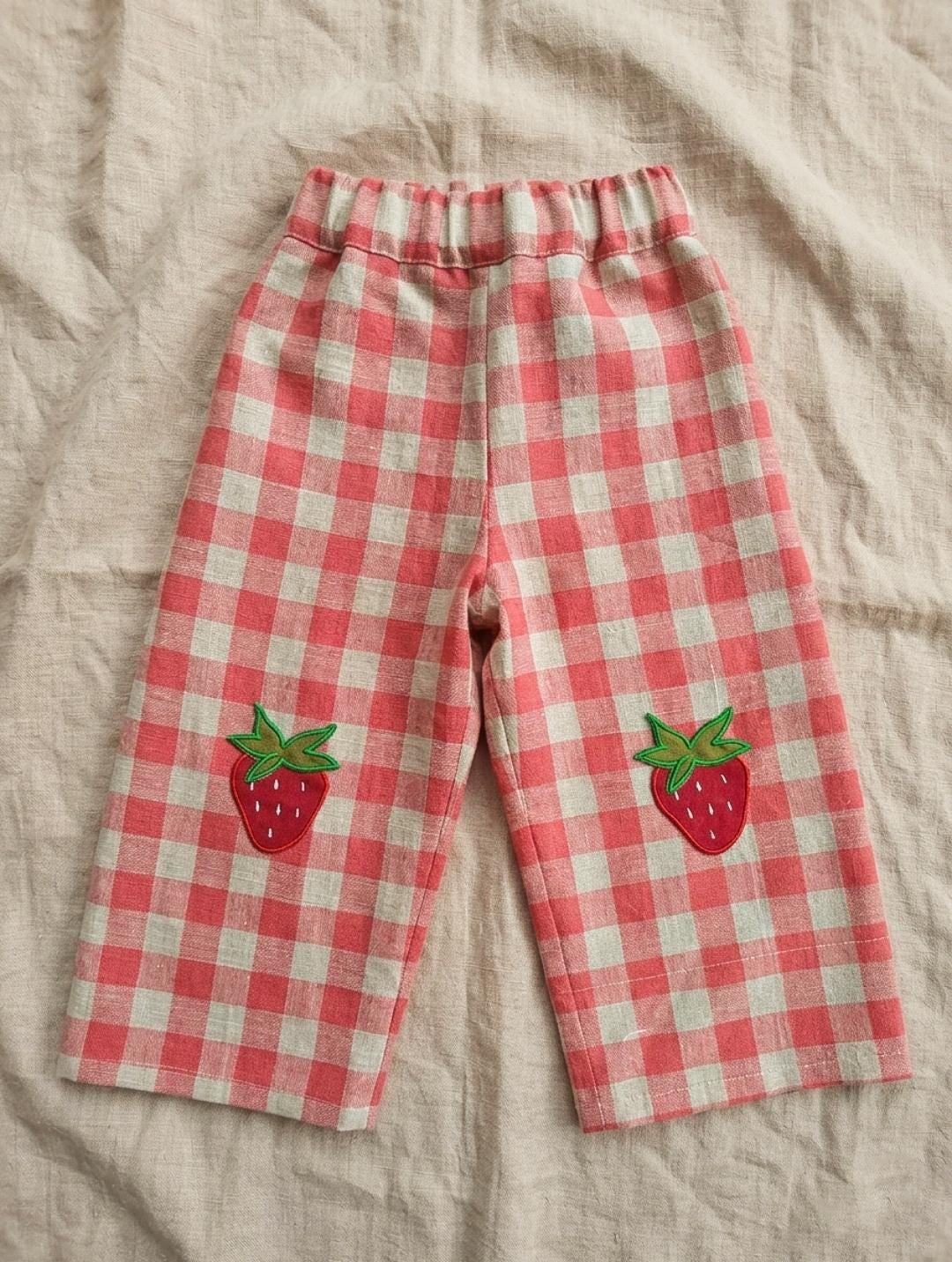 Baggy Toddler Play wear Trousers, Gingham Linen Patchwork Pants, Strawberry Applique, Cottagecore Toddler Trousers