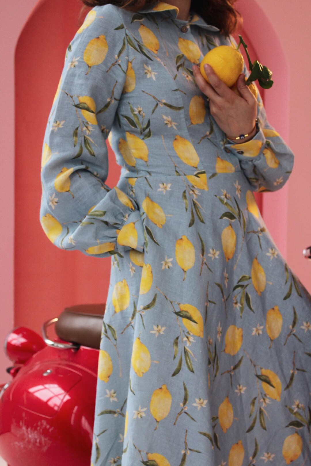 Vintage Lemon Print Linen Dress With Puffy Sleeves, Peter Pan Collar — free download