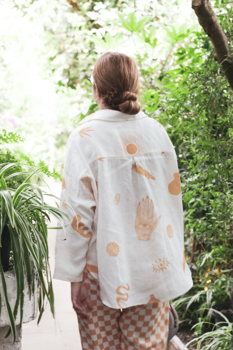 Boho Unisex Linen Shirt, linen shirt for women with original print, Linen top, Boho Summer Casual Tops, Printed Linen Long Sleeve Shirt image 3