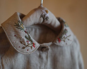 Natural Linen Children's Shirt / Natural Linen Blouse with Long Sleeves and Woodland Inspired Hand Embroidered Collar