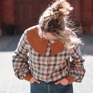 Gingham linen shirt, 70's vibe handcrafted linen shirt with flattering large collar and puff Bishop sleeves, Groovy linen shirt image 1