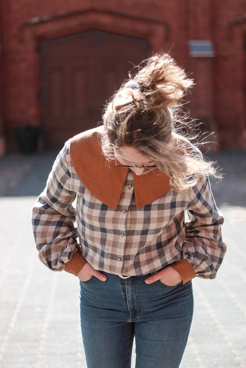 Gingham linen shirt, 70's vibe handcrafted linen shirt with flattering large collar and puff Bishop sleeves, Groovy linen shirt image 1