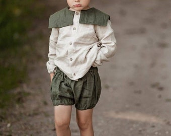 Adorable Linen summer set for boy, Baptism set  for boy, linen boy Christening set, wedding outfit for boy, Linen shirt and shorts set