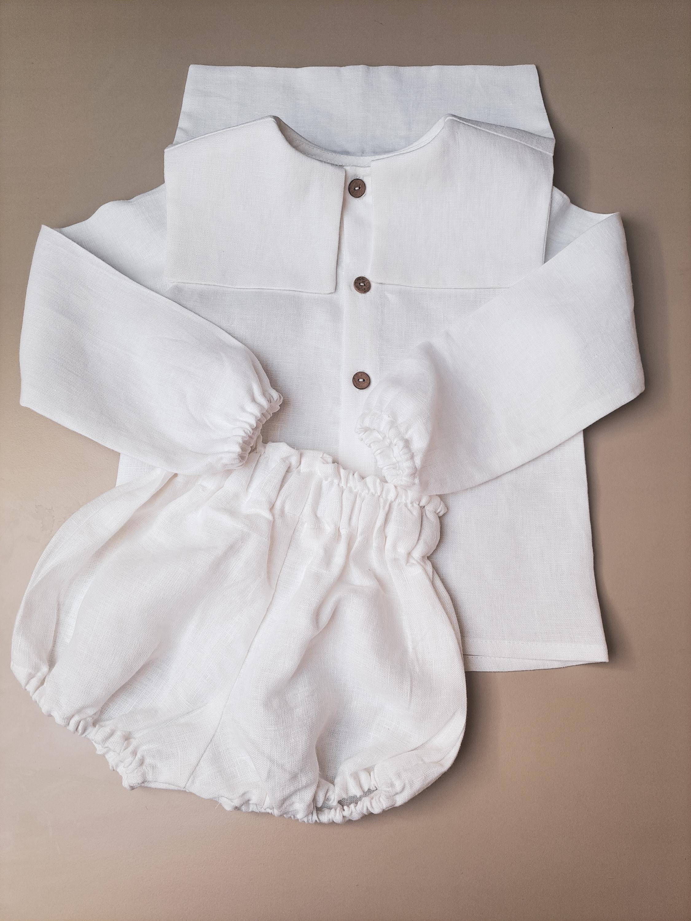 Linen Baptism Outfit for Boy – White Christening Set – Baby Boy Wedding Outfit – Toddler Shirt & Shorts – Elegant Boys’ Linen Clothing