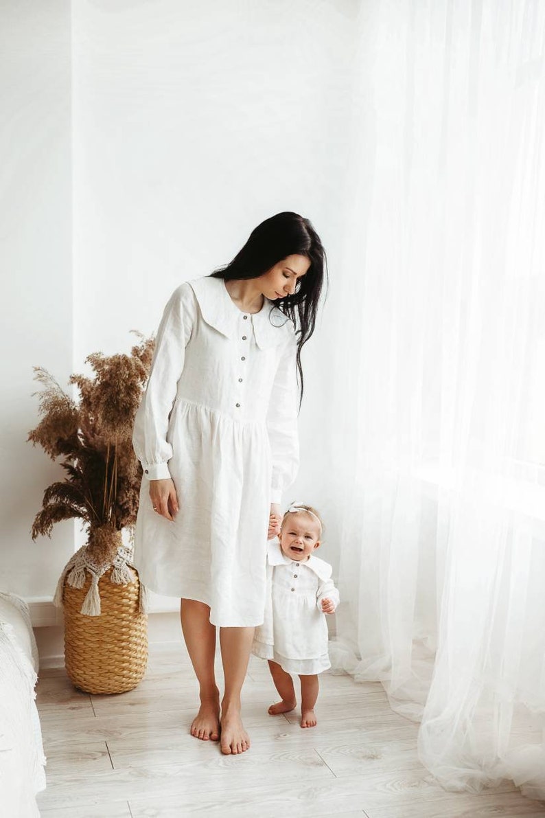 Natural linen summer dress with beautiful large collar / white shirt linen dress / White linen cottagecore dress image 2