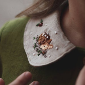 Cottagecore Hand Embroidered Women&#39;s Dress with Fawn/ Moss Green Dress with Peter Pan Collar / Linen Green Witch Dress