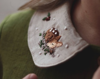 Cottagecore Hand Embroidered Women's Dress with Fawn/ Moss Green Dress with Peter Pan Collar / Linen Green Witch Dress