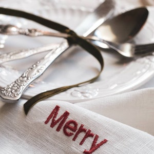 A set of pure white linen napkins with embroidery / Christmas table decor / Washed linen dinner cloth napkins / Christmas gift image 2