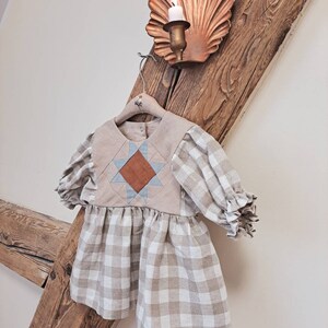 Patchwork linen top for kids, Checkered linen girl tunic with patchwork quilt star, Linen cottagecore blouse for girls image 6