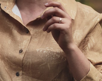 Camisa de manga de globo de lino de otoño, blusa de lino de bruja con polilla, camisas de lino para mujer, camisa de lino de manga larga, top de lino con botón frontal