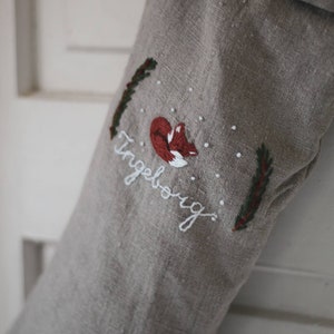 Rustic Linen Christmas Stocking, Personalized Natural Linen Christmas Stocking, Kids Christmas Stocking With Hand Embroidered Fox image 4