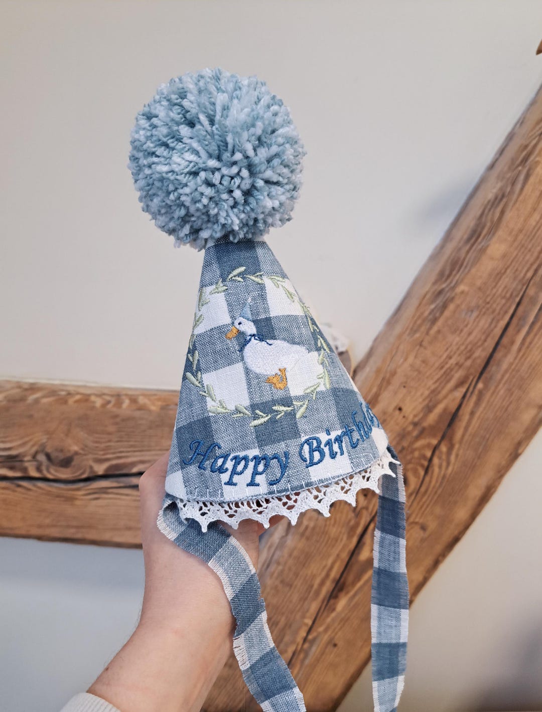 Blue Gingham One Silly Goose Birthday Hat – Custom Embroidered Linen ...