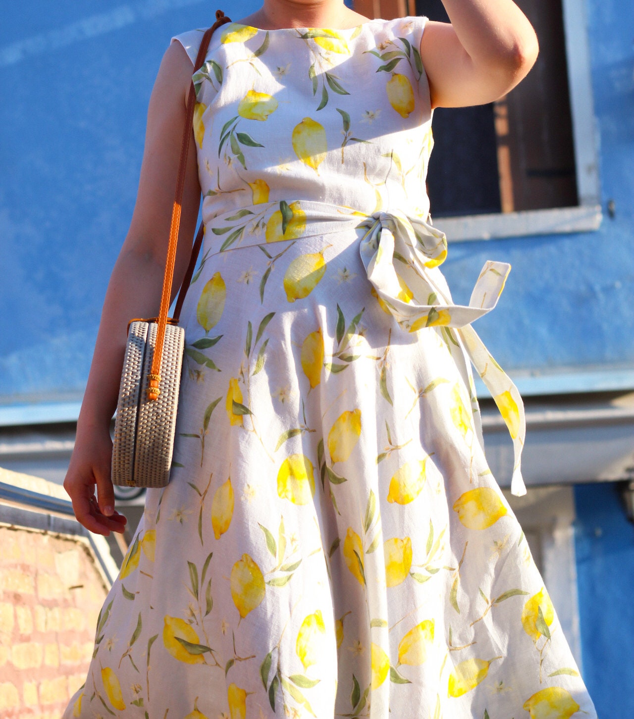 Midi Linen Dress AMALFI, Natural Linen Summer Dress, Lemon Print Dress, ,  Backless Dress, Open Back Linen Dress, Wedding Guest Dress Summer - Etsy