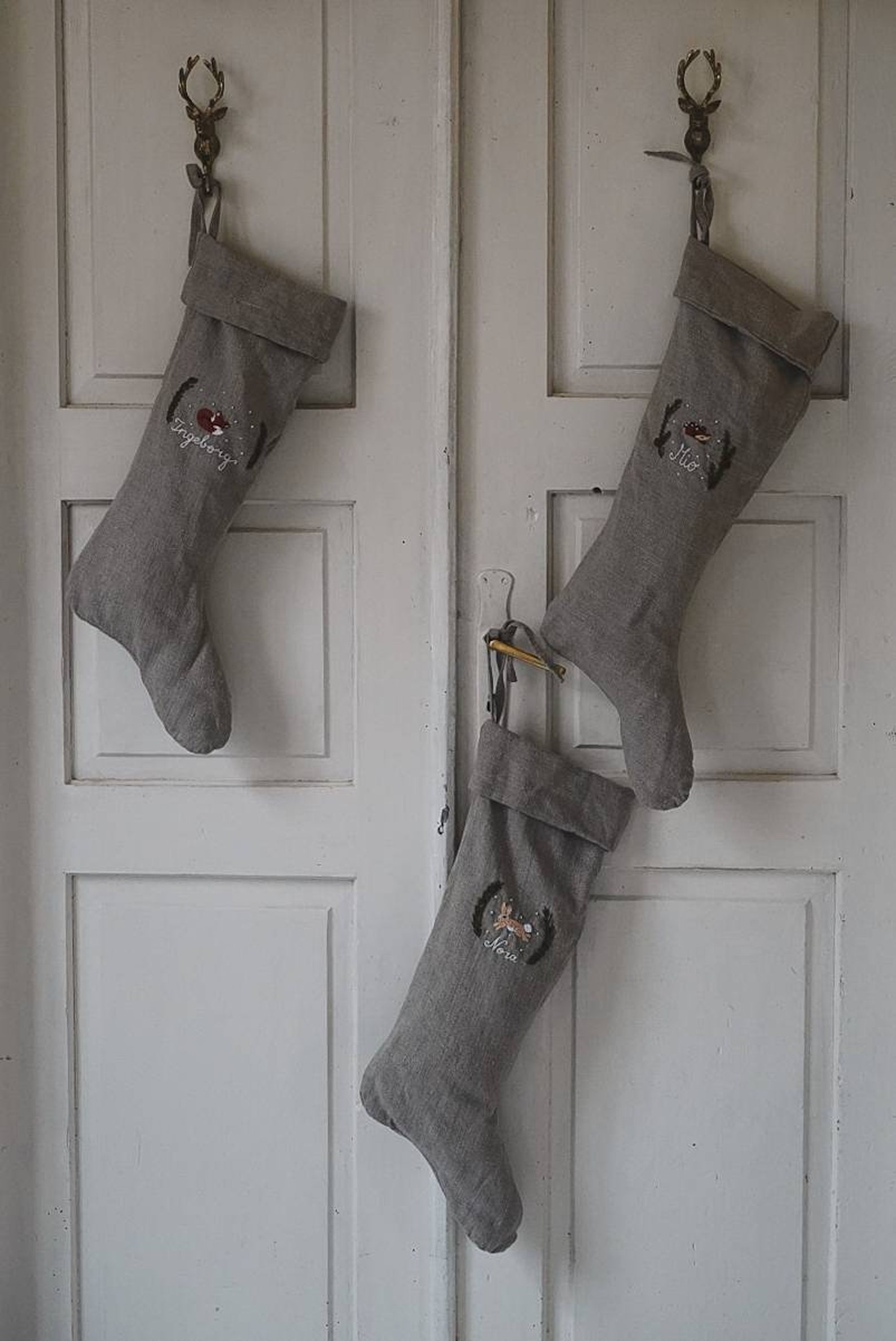 Christmas Stocking Flora Embroidered Cuff - Green and Grey- linen Arcadia Home