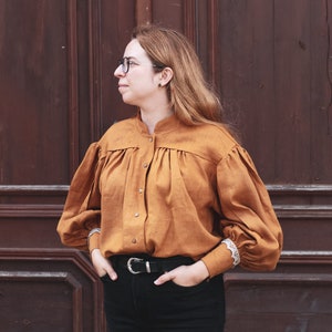 Victorian Fall Linen Shirt, Edwardian Blouse with Puffy Sleeves, Academia Top, Cottagecore Fall Fashion, Halloween Linen Shirt