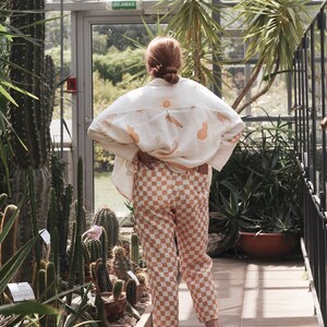 Relaxed Linen pants, cropped linen pants in burnt orange color, Checkered linen pants, Gingham Linen Trousers, handmade elastic waist pants image 7