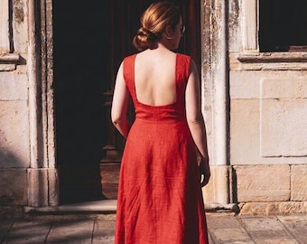 Open Back Red Linen Midi Dress, Mediterranean Summer Dress, Cocktail Party Outfit, Backless White Linen Dress