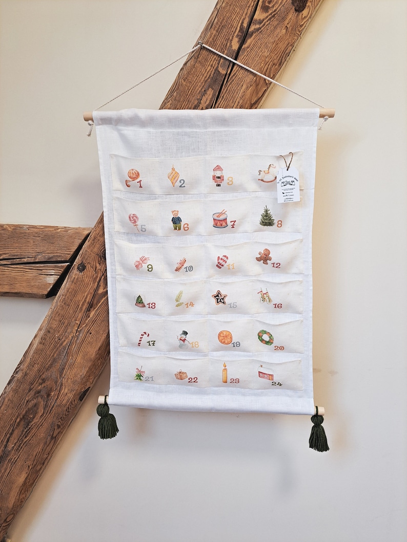 Advent calendar for kids, Handcrafted Advent calendar with pockets, 100% Linen Christmas countdown calendar, Heirloom Christmas decor image 1