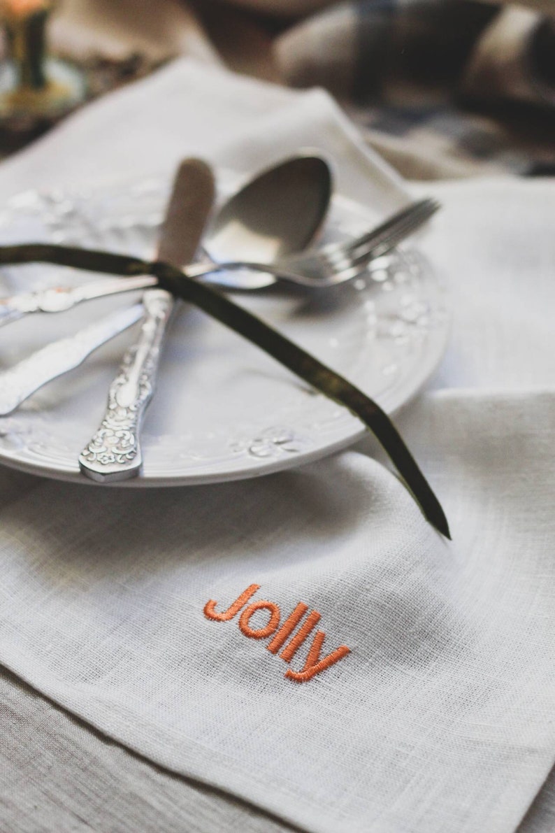 A set of pure white linen napkins with embroidery / Christmas table decor / Washed linen dinner cloth napkins / Christmas gift image 5