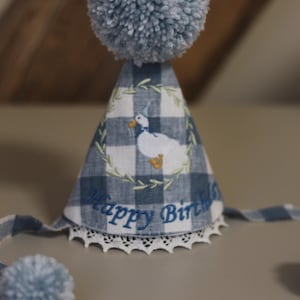 Blue Gingham  One Silly Goose Birthday Hat – Custom Embroidered Party Hat for Kids, Personalized Cottagecore Theme Toddler Birthday Decor