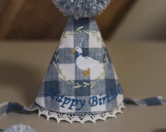 Blue Gingham  One Silly Goose Birthday Hat – Custom Embroidered Party Hat for Kids, Personalized Cottagecore Theme Toddler Birthday Decor