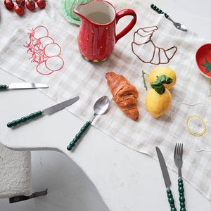 Personlig linneduk, bordslöpare, broderad italiensk frukostdesign, modern inredning i mitten av århundradet, lekfull matduk
