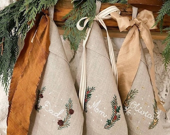 Personalized Christmas Stocking, Rustic Linen Christmas Stocking, Family Christmas stockings, Burlap Santas sack, Farmhouse Christmas decor
