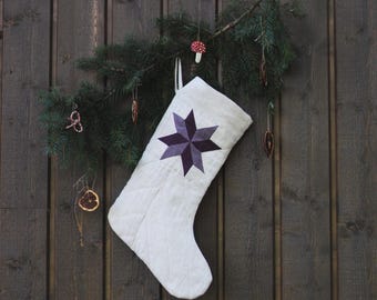 Versandfertig natürliche Leinen Familien-Weihnachtsstrümpfe mit Patchwork-Stern und personalisierter Namensstickerei, schnelle Lieferung Weihnachtsgeschenk