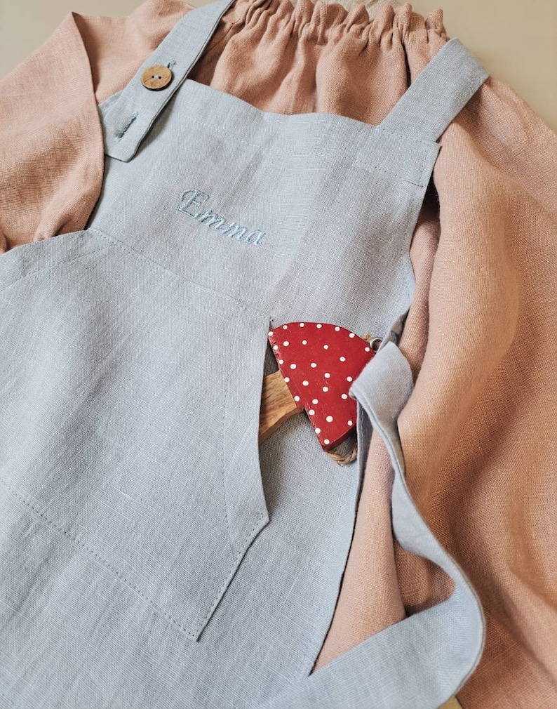 Linen Apron for kids with personalization, Children' apron with name embroidery, Sustainable Easter gift idea for kids image 9