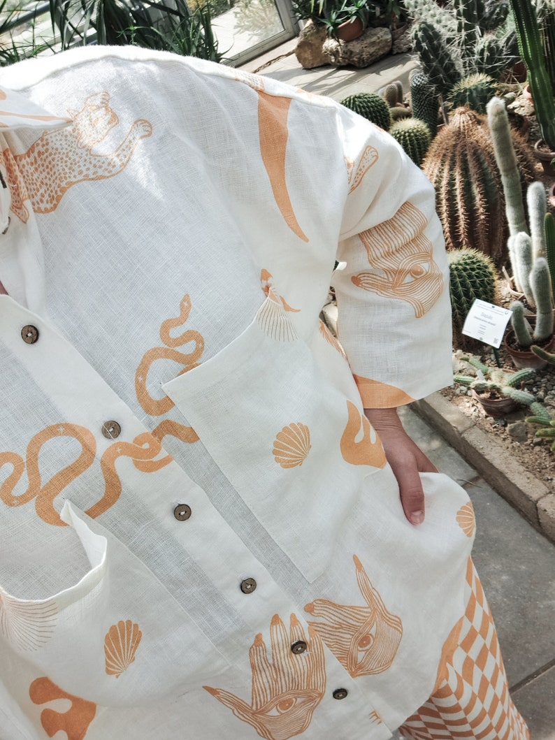 Boho Unisex Linen Shirt, linen shirt for women with original print, Linen top, Boho Summer Casual Tops, Printed Linen Long Sleeve Shirt image 6