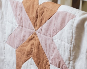 Handcrafted Organic Linen Baby Crib Quilt, Star Design Patchwork, Quilted baby blanket