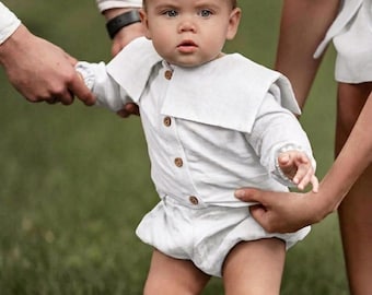 Ensemble de baptême en lin pour garçon - Ensemble de baptême blanc - Tenue de mariage pour bébé garçon - Chemise et short pour tout-petit - Vêtements en lin élégants pour garçons