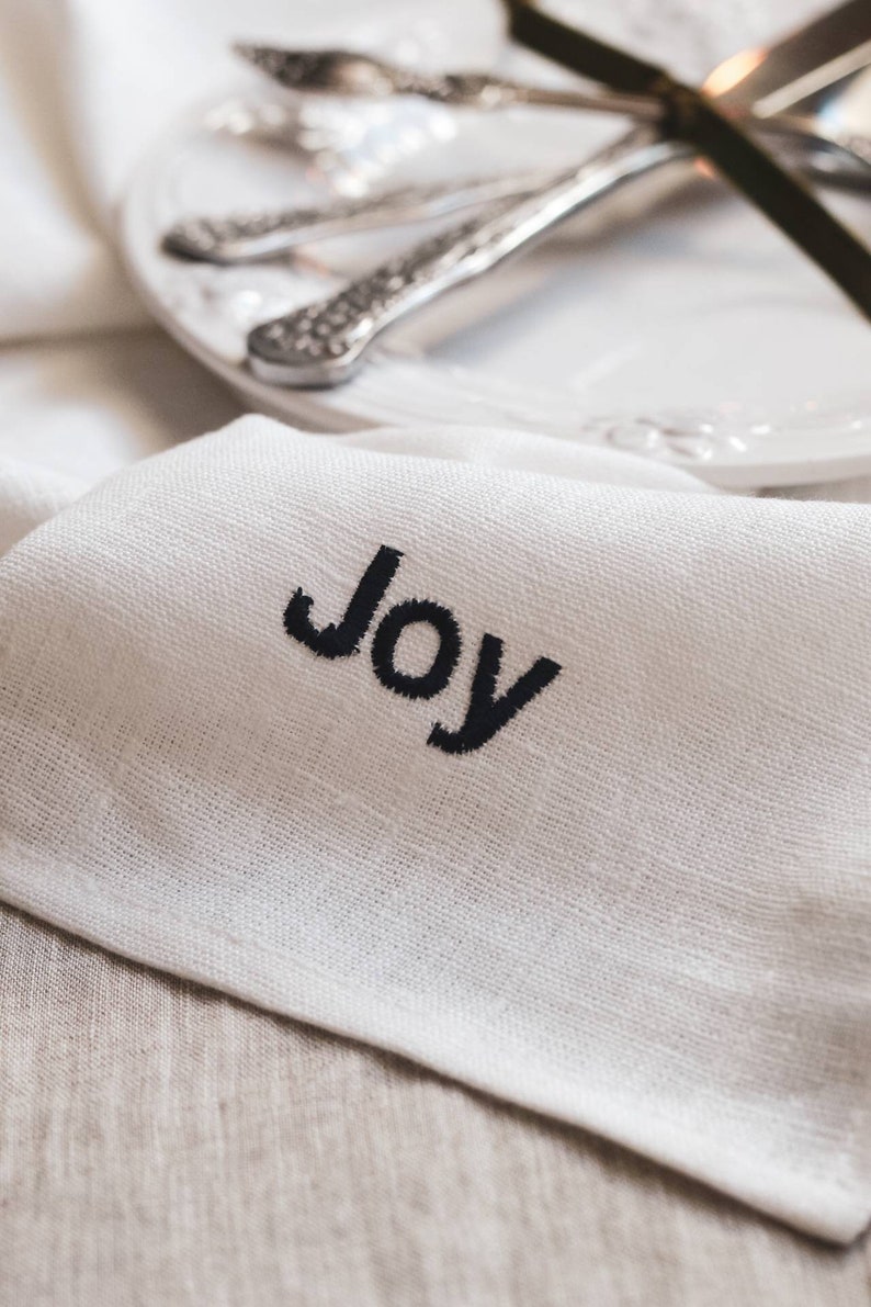 A set of pure white linen napkins with embroidery / Christmas table decor / Washed linen dinner cloth napkins / Christmas gift image 4