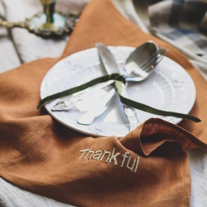 A set of burnt orange linen napkins with embroidery / Thanksgiving table decor / Washed linen dinner cloth napkins / Thanksgiving gift 画像 7
