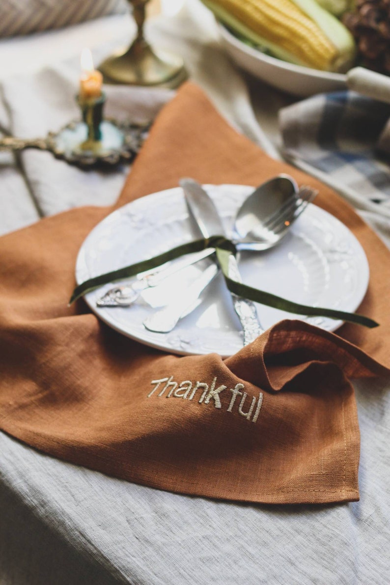 A set of burnt orange linen napkins with embroidery / Thanksgiving table decor / Washed linen dinner cloth napkins / Thanksgiving gift image 7