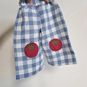 May include: Blue and white gingham checkered pants featuring an elastic waistband and two circular red tomato patches with green embroidered stems stitched onto the front of each leg. The fabric has a visible woven texture throughout the garment.