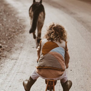 Whimsy Kids Quilted Linen Vest: Patchwork Sunset Design, Sustainable Handmade Jacket