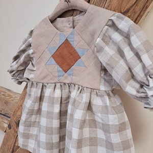 Patchwork linen top for kids, Checkered linen girl tunic with patchwork quilt star, Linen cottagecore blouse for girls image 3