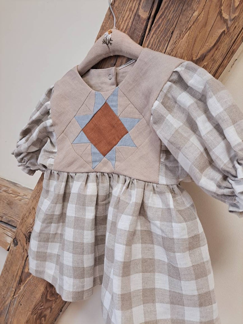 Patchwork linen top for kids, Checkered linen girl tunic with patchwork quilt star, Linen cottagecore blouse for girls image 3